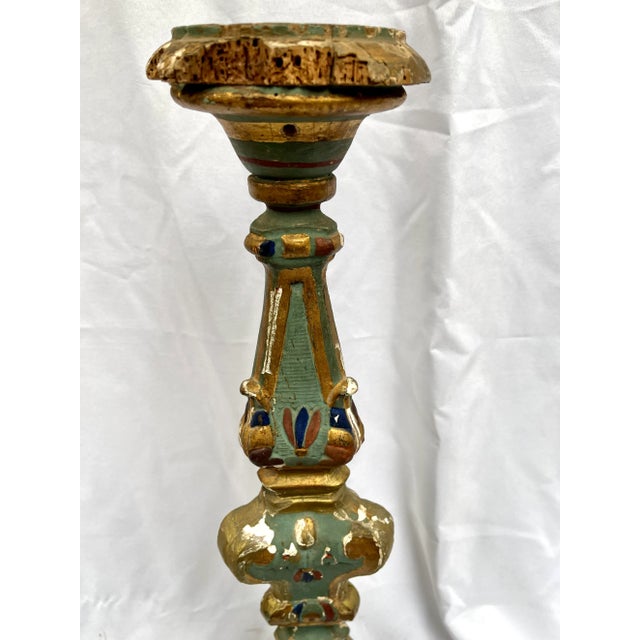 Rustic European Antique 1800s French Polychrome Altar Candle Holder For Sale - Image 3 of 13