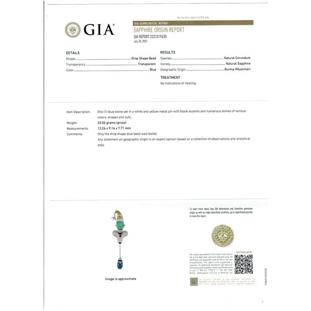 GIA Certified Russian Emerald & Burma Sapphire White & Yellow Diamond Joker Pin For Sale - Image 10 of 18