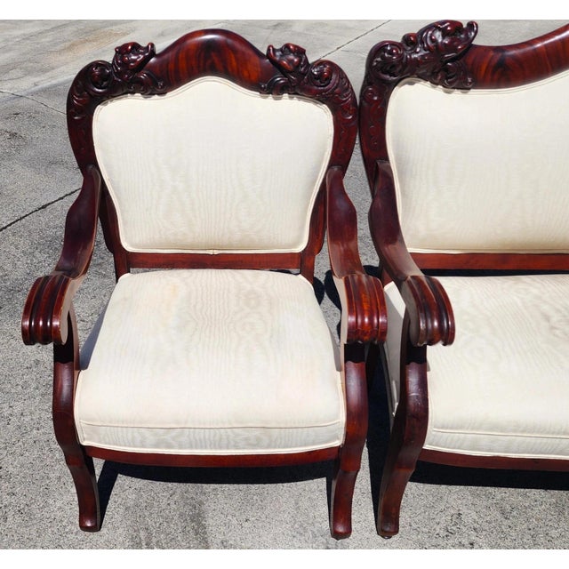 Antique Asian Rosewood Carved Foo Dogs Living Room Suite 3 Piece Sette 2 Chairs For Sale - Image 4 of 17