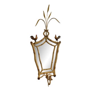 Wall Mirror With Roosters on Faux Twig Frame & One Candle Arm For Sale