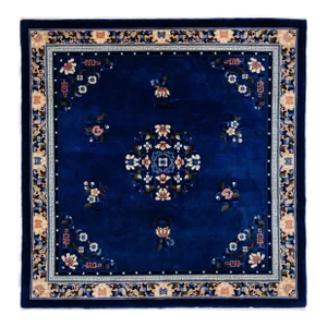 Handmade Square Blue Antique Wool Rug Designed Art Deco Fl