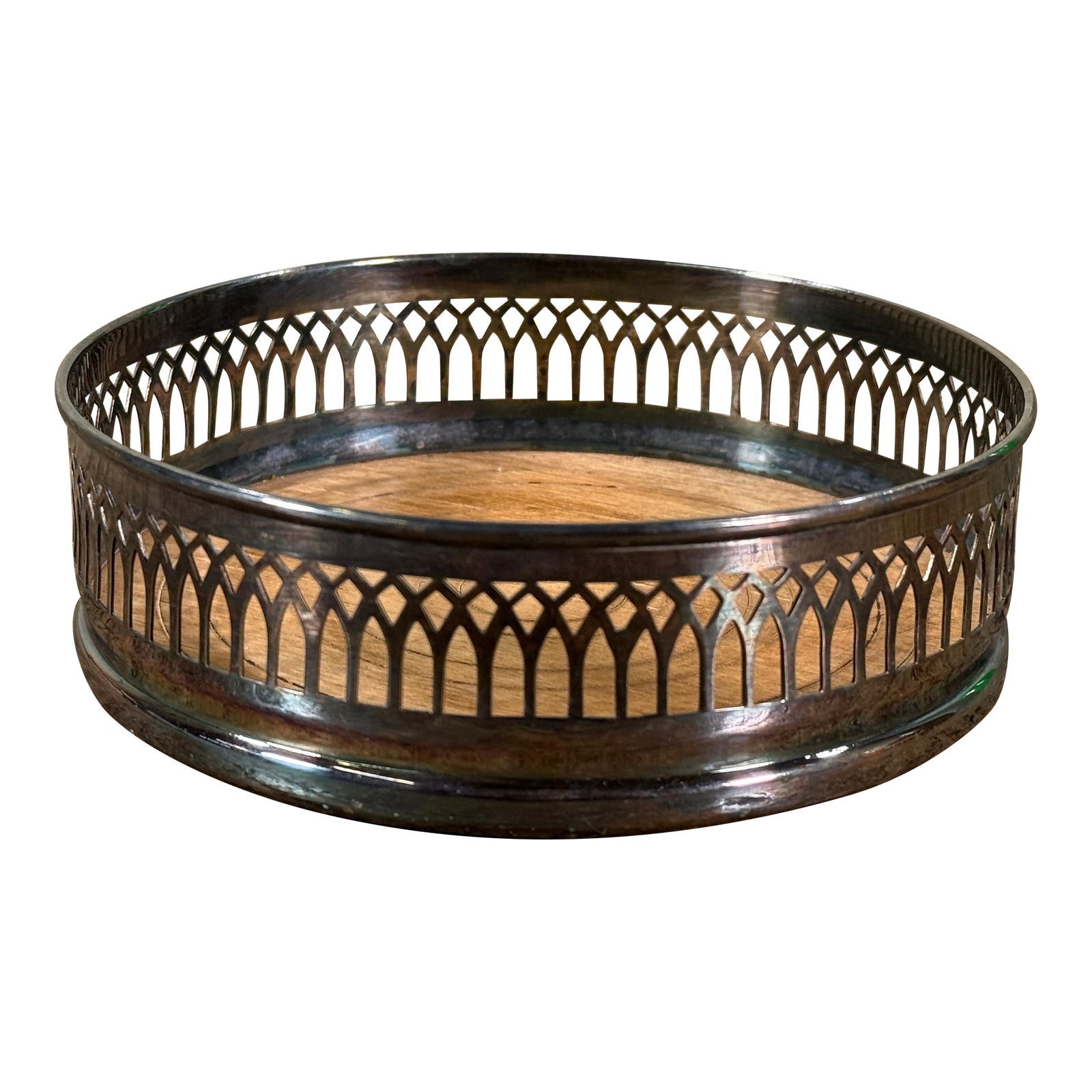 Vintage 1940s English Silver Plated Wine Coaster With Wood Base