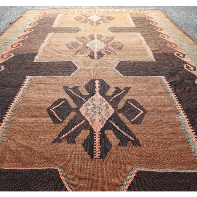 Textile Vintage Turkish Kars Kilim With Bold Medallions in Warm Brown, Orange, and Sage For Sale - Image 7 of 13