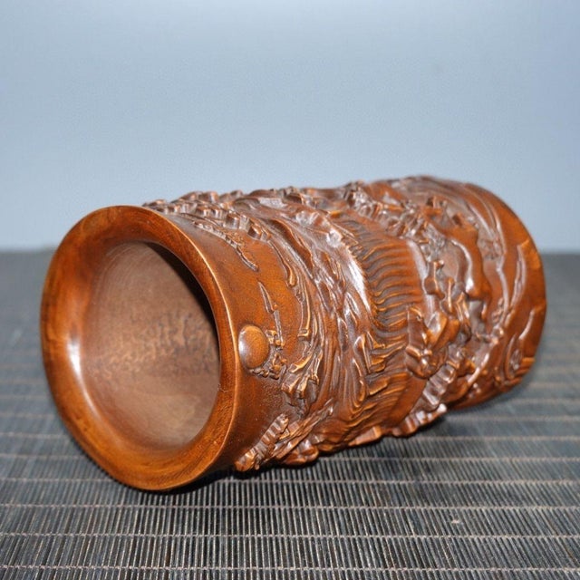 Wood Vintage Chinese Boxwood Carved "Eight Horses" Brush Pot - 333g For Sale - Image 7 of 9