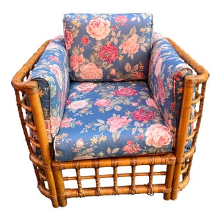 Vintage 1970s Rattan Club Chair With Updated Upholstery For Sale