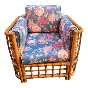Vintage 1970s Rattan Club Chair With Updated Upholstery