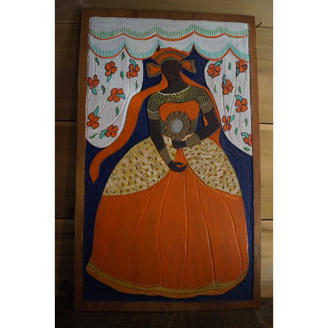 1960s Haitian Voodoo Queen Carved Wood Relief Painting For Sale - Image 9 of 9