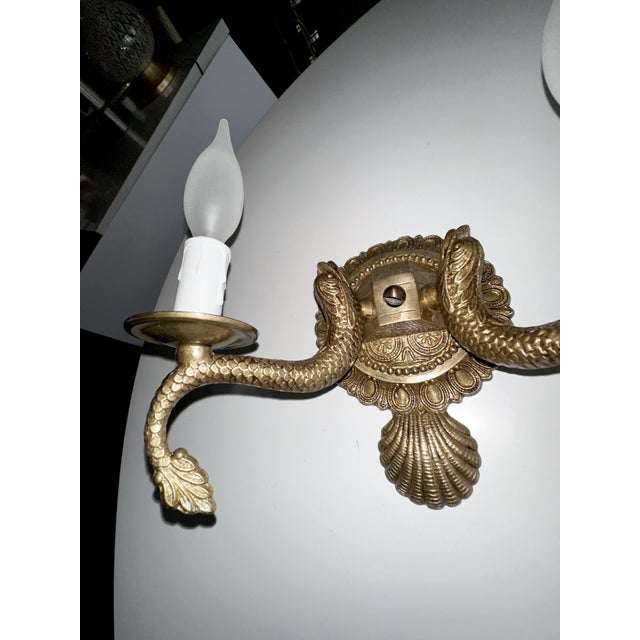 Pair Neoclassic Dolphin Shell Brass Wall Sconces For Sale - Image 9 of 14