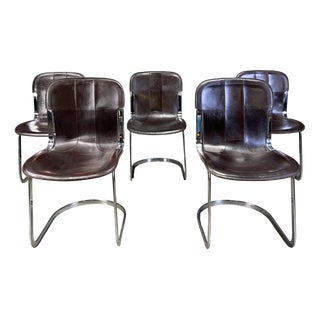 Italian Cantilever Dining Chairs in Chrome and Leather from Cidue, 1970s, Set of 5 For Sale