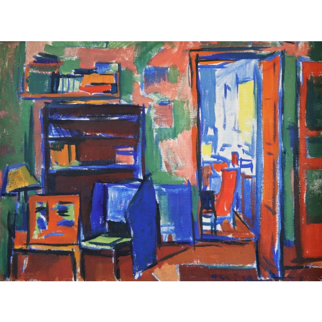 Mid-Century Modern 'Vibrant Interior' Vintage Original Expressive Interior Oil Painting, Framed For Sale - Image 9 of 12