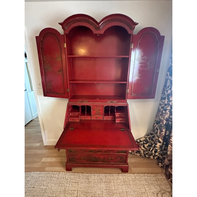 An extraordinary statement piece, I named her "The Lady in Red," this vintage red Chinoiserie secretary desk combines...