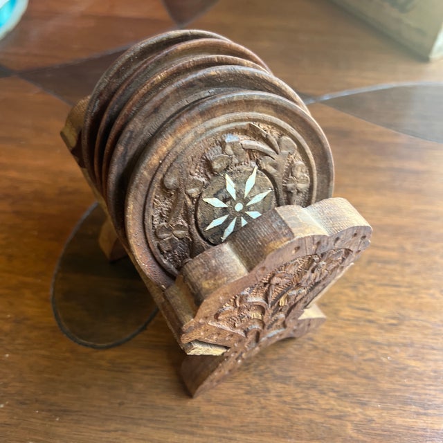 1970s Collection of Hand Carved Wooden Coasters With Holder - 6 pcs For Sale - Image 4 of 12