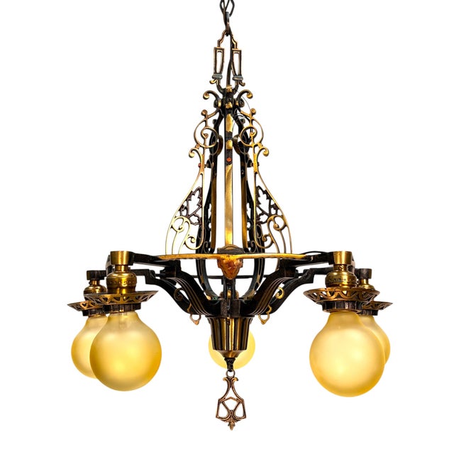 1920s Cast Bronze 5 Light Chandelier in Spectacular Original Condition #2622 For Sale - Image 11 of 12