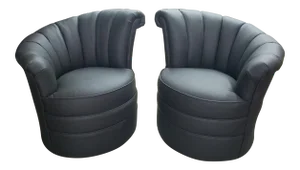 Vintage Art Deco Style Black Leather High Back Swivel Fan Chairs- a Pair