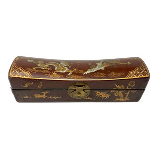 Antique Chinese Hand-Painted Leather Covered Pillow Box For Sale