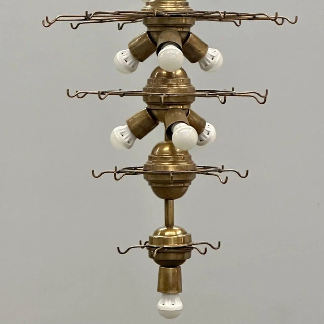 Pair Murano Disc Mid-Century Modern Tiered Chandelier, Antique Brass, Monumental For Sale - Image 9 of 13