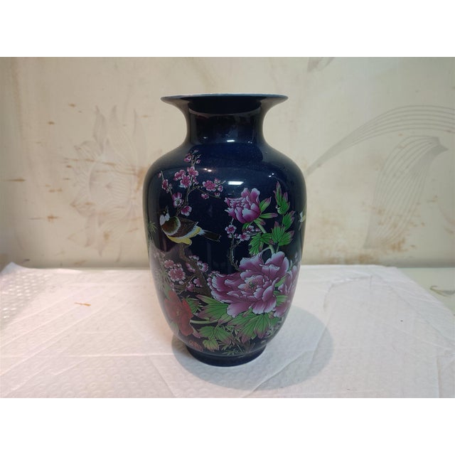 Chinese Old Ceramic Vase,Qianlong Marked Blue Ground Famille Rose Porcelain Vase Hand Drawing Flowers and Birds Pattern For Sale In Seattle - Image 6 of 12