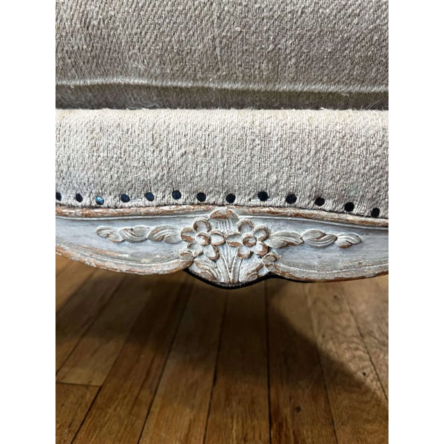 An Antique Pair of Louis XV Style Linen Bergeres From Paris For Sale - Image 4 of 4