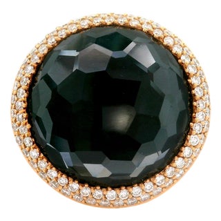 Quartz Black Onyx Diamond 18k Yellow Gold Double Halo Cocktail Ring, Size 6.5 For Sale