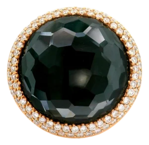Quartz Black Onyx Diamond 18k Yellow Gold Double Halo Cocktail Ring, Size 6.5
