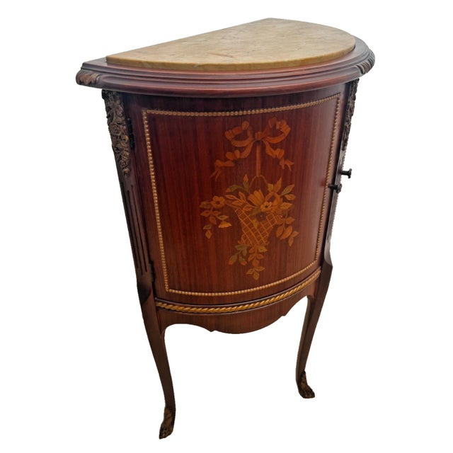 Wood 1930s French Louis Revival Demilune Cabinet With Shelf, Marble Top, Floral Marquetry For Sale - Image 7 of 12