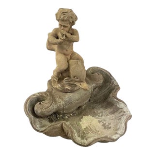 Vintage Classical Cast Stone Cherub on Dolphin Garden Fountain For Sale