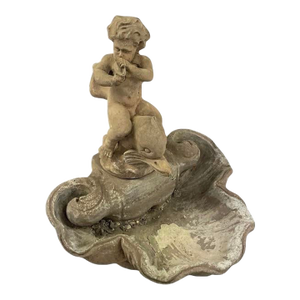 Vintage Classical Cast Stone Cherub on Dolphin Garden Fountain