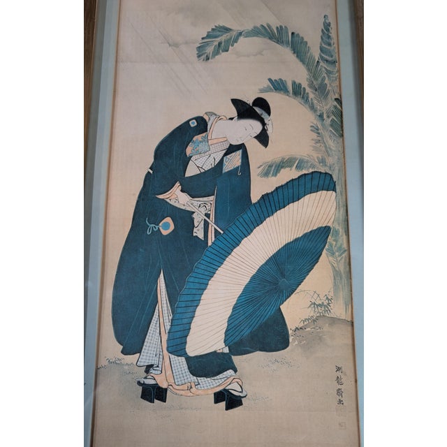 Japanese 17th Century Japanese Beauty in the Rain With an Open Umbrella For Sale - Image 3 of 3