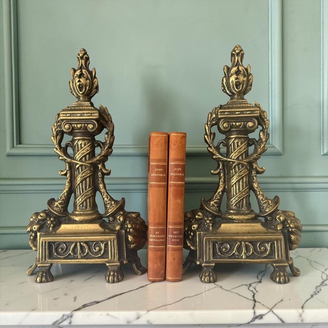 Hollywood Regency Pair of Antique Brass Neoclassical Andiron Fronts Reimagined as Decorative Bookends - A Pair For Sale - Image 3 of 7