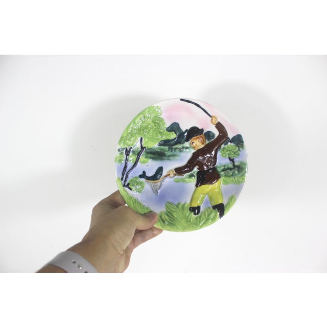 Vintage Hand Painted Ceramic Wall Hanging Fishing Plate Folk Art For Sale - Image 4 of 6