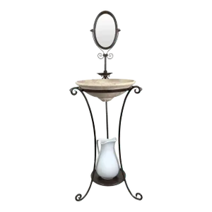English Victorian Wrought Iron Wash Stand With Oval Mirror, Basin and Pitcher