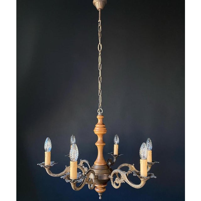 Italian Chandelier in Wood and Brass, 1950s For Sale - Image 3 of 10