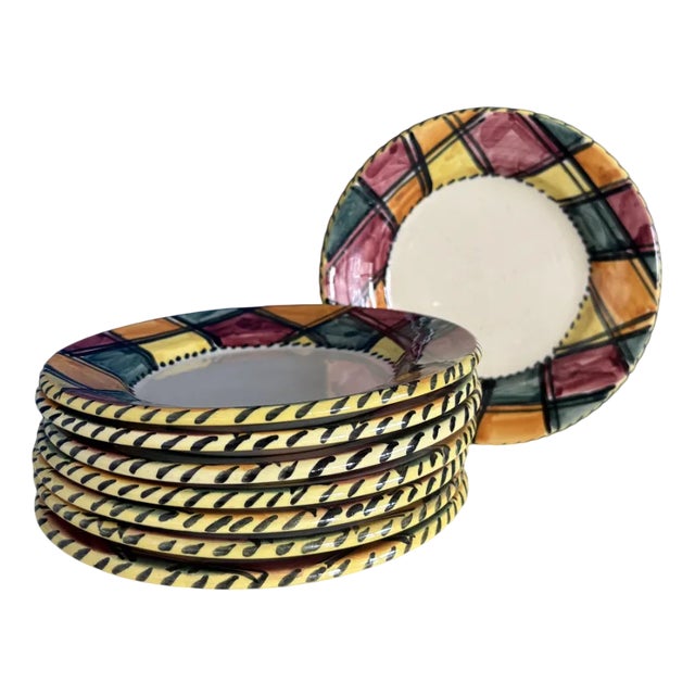 Vintage Ceramic Dessert Plates in Colorful Design in the style of Vallauris, Set of 8 For Sale