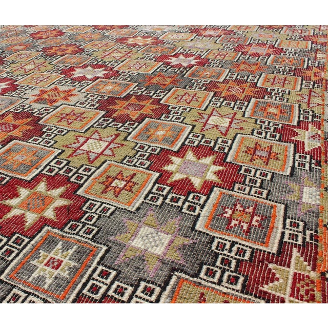 Mid 20th Century Turkish Vintage Embroidered Kilim Rug With Tribal Star and Box Shapes in Colorful Tones For Sale - Image 5 of 7