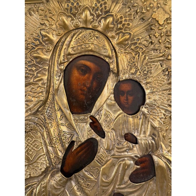 An evocative Russian Orthodox icon depicting the Tikhvin Mother of God, or Bogomater Tikhvinskaya, dating to the late...
