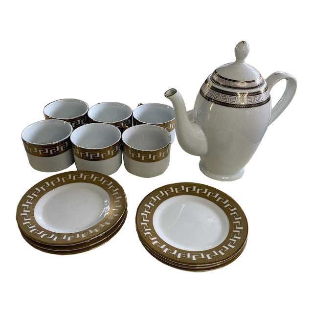 Vintage Gilded Porcelain Greek Key Coffee Service Set- 13 Pieces For Sale