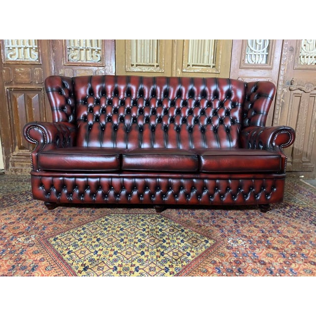 Vintage MidCentury English Leather Chesterfield Monks Back 3 Seat Sofa
