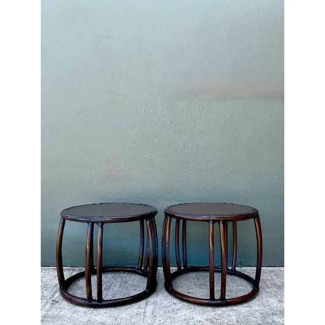 Late 20th Century Vintage McGuire Rattan Drum Side Tables - A Pair For Sale - Image 5 of 12