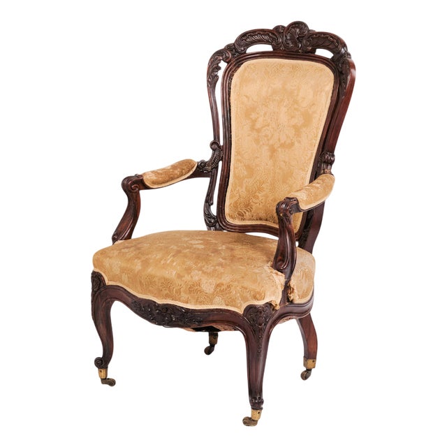 Antique Rococo Style Armchair in Mahogany with Floral Upholstery, 1890s For Sale