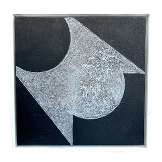 Vintage Modern Black and White Lunar Geometric Abstract Mixed Media Painting in Minimalist White Frame For Sale