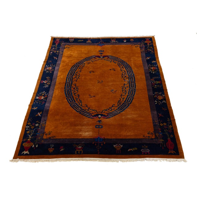 Art Deco Antique Art Deco Chinese Nichols Style Rug - Mandarin Orange & Indigo 10x14 For Sale - Image 3 of 6