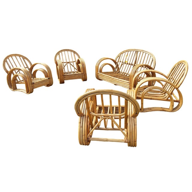 1950s Restored 4-Strand Double Arch Speed Arms Rattan Sofa & Chairs Livingroom Set of 5 For Sale - Image 4 of 14