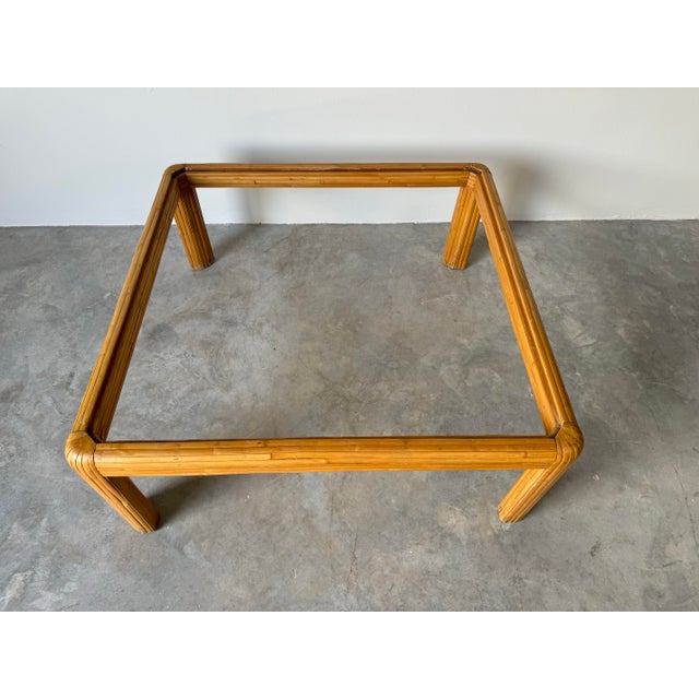 Mid-Century Modern 1970s Vintage Coastal Bent Rattan and Smoked Glass Top Square Coffee Table For Sale - Image 3 of 12