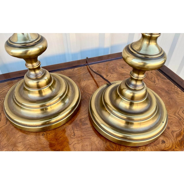 Mid Century Vertical Stacked Brass Bobbin Lamps- A Pair For Sale - Image 9 of 12