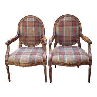 Custom Upholstered Louis XVI Style Medallion Back Tartan Plaid Arm Chairs - a Pair For Sale