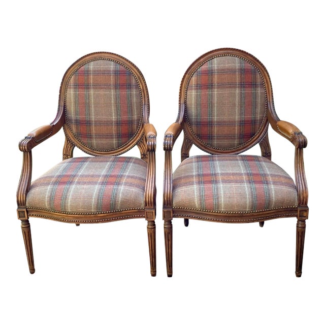 Custom Upholstered Louis XVI Style Medallion Back Tartan Plaid Arm ...