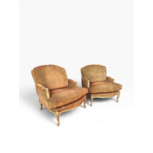 2000 - 2009 Custom-Made Louis XV–Style Giltwood Bergère Chairs in Diamond-Patterned Velvet (A Pair) For Sale - Image 5 of 14