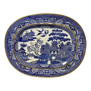 Antique Gold Rimmed Oval Beech Hancock & Company Blue Willow Serving Platter From England - Circa 1851