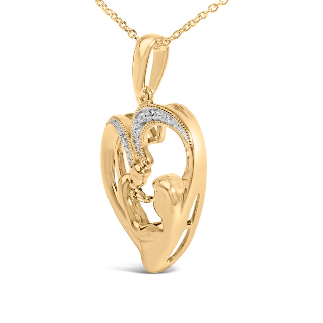 Haus of Brilliance Gold Vermeil Diamond Accent Mom and Child Heart Pendant Necklace For Sale - Image 4 of 4