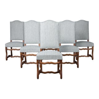 Antique French Louis XIII Os De Mouton Style Oak Dining Chairs with Striped Mint Chenille - Set of 6 For Sale